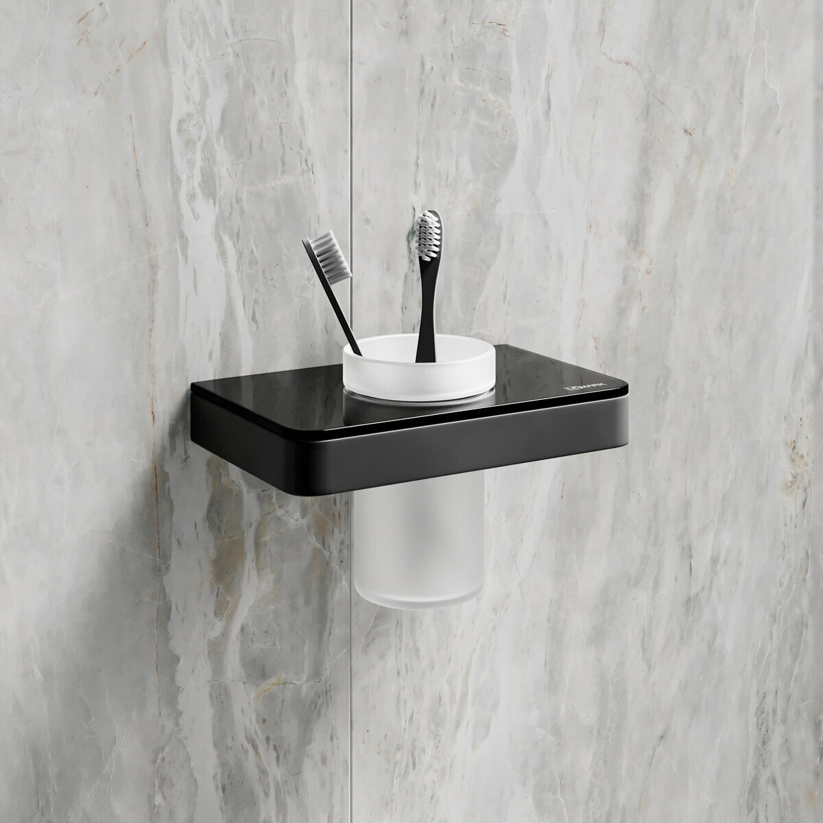 Стакан для зубных щёток Lemark GLASS LINE с держателем чёрный матовый/черное стекло