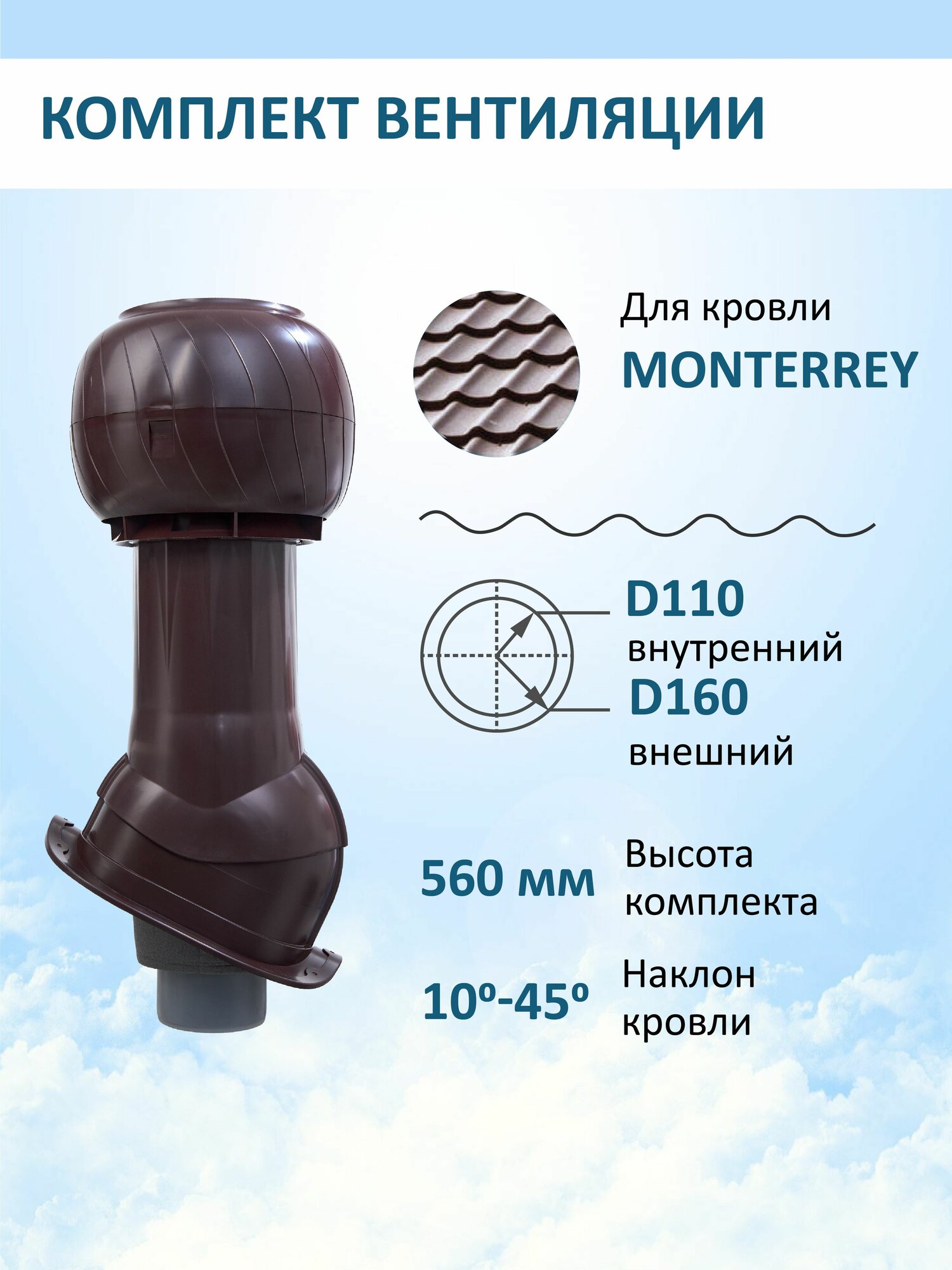 Готовый комплект изолированный: для металлочерепицы Монтеррей, 110/160 мм, RAL8017, Gervent, серия Static (колпак)