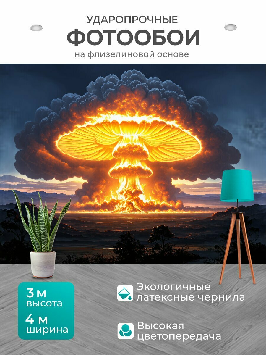 Фотообои моющиеся ударопрочные "Гигантский грибок ядерного взрыва тянется высоко в небеса, на переднем плане - завихрения пепла и ярко-желтого пламени." 400x300 см. флизелиновые на стену
