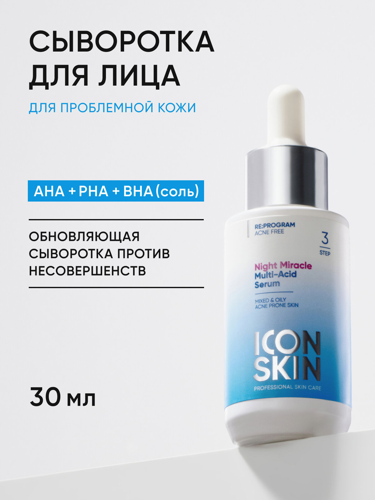 Сыворотка c AHA PHA BHA кислотами обновляющая для комбинированной, жирной и проблемной кожи ICON SKIN RE: PROGRAM, 30 мл