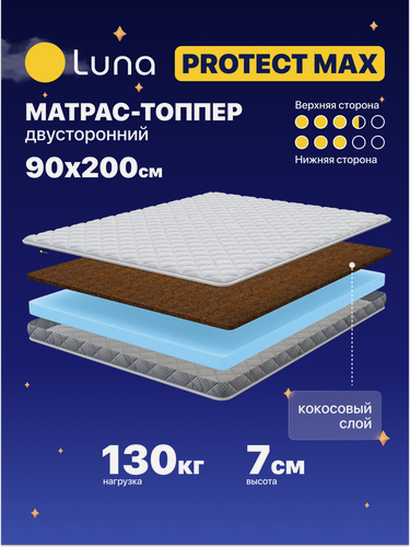 Изображение товара Матрас-топпер Luna Protect Max 90х200 см, с кокосовой койрой, двухсторонний с разной жесткостью сторон, высота 7 см
