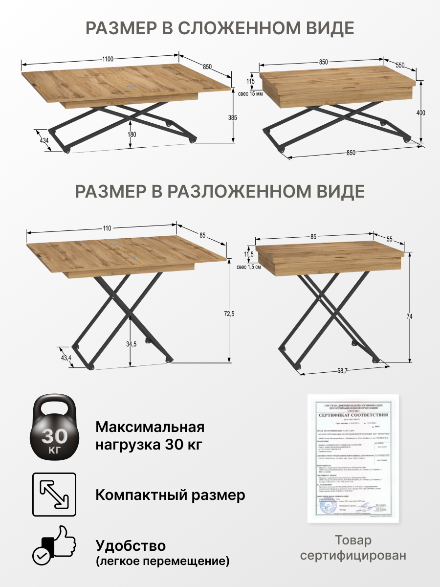 Стол универсальный трансформируемый Калифорния андрэ Loft ЛДСП Дуб вотан/Дуб вотан — фото 1
