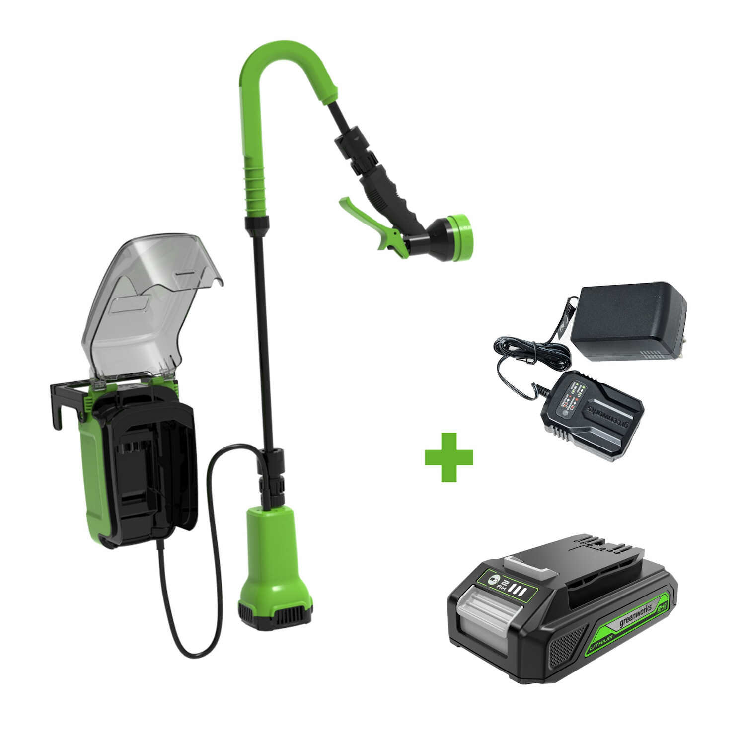 Аккумуляторный насос для полива из бочки Greenworks G24SWP с АКБ 2 Ач и ЗУ