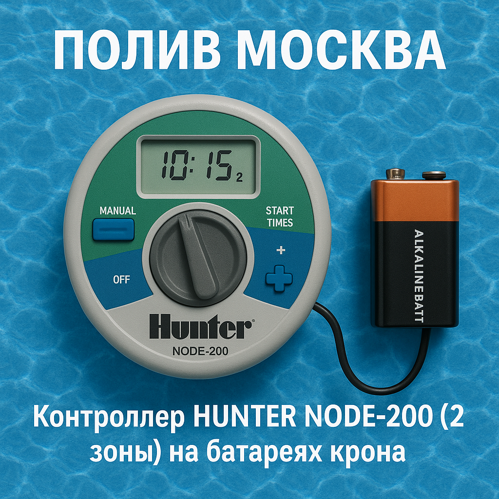 Контроллер Hunter "NODE-200", на батарейках, 2 станции, без соленоидов