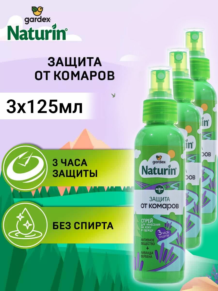 Спрей от комаров Gardex Naturin от комаров мокрецов москитов Репеллент для нанесения на кожу одежду 3 x110 мл