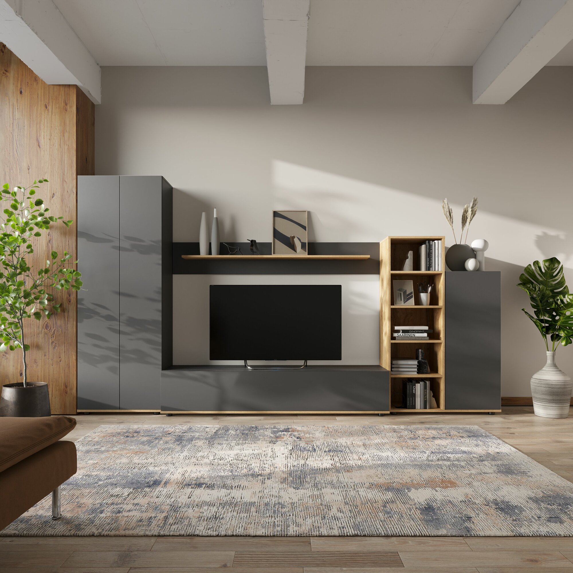 Стенка в гостиную со шкафом, стенка для гостиной Амазон, Серый графит/Дуб Вотан, 300х170х40 см (ШхВхГ)