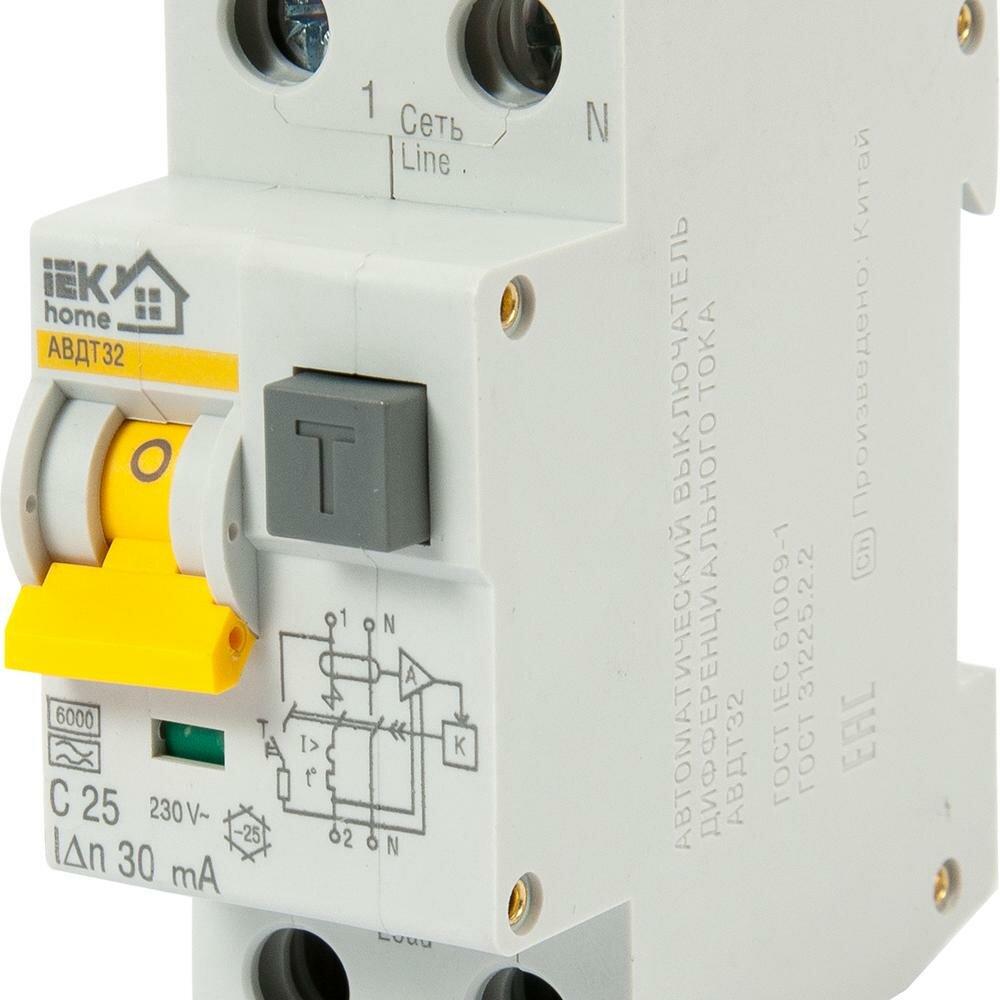 Автоматический выключатель дифференциального тока IEK Home 1P N C25 А 30 мА 6 кА АС MAD22-5-025-C-30