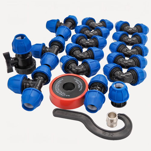 Изображение товара Набор ПНД фитингов 25 мм с краном. В комплекте 19 элементов.