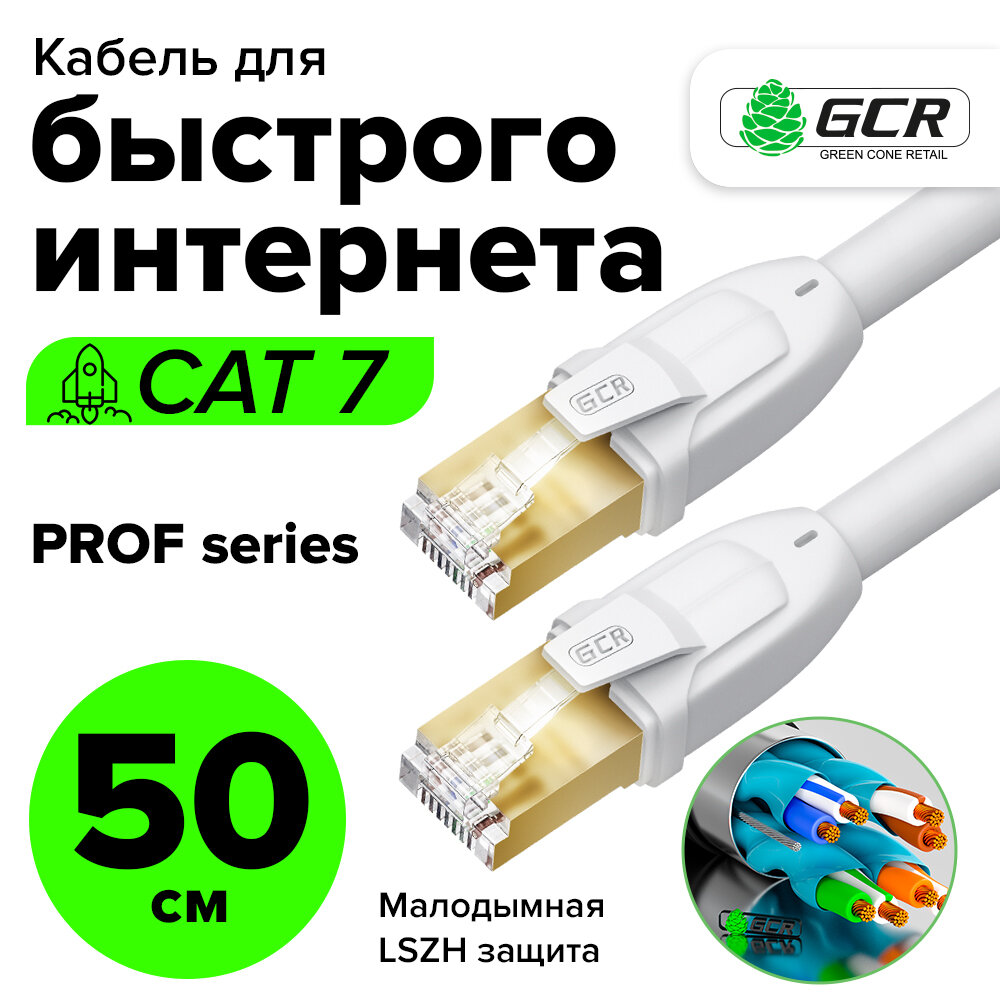 Короткий патч-корд 50см F/FTP PROF cat.7 10 Гбит/с RJ45 LAN компьютерный кабель для интернета 24K GOLD экранированный белый (GCR-FTP701)