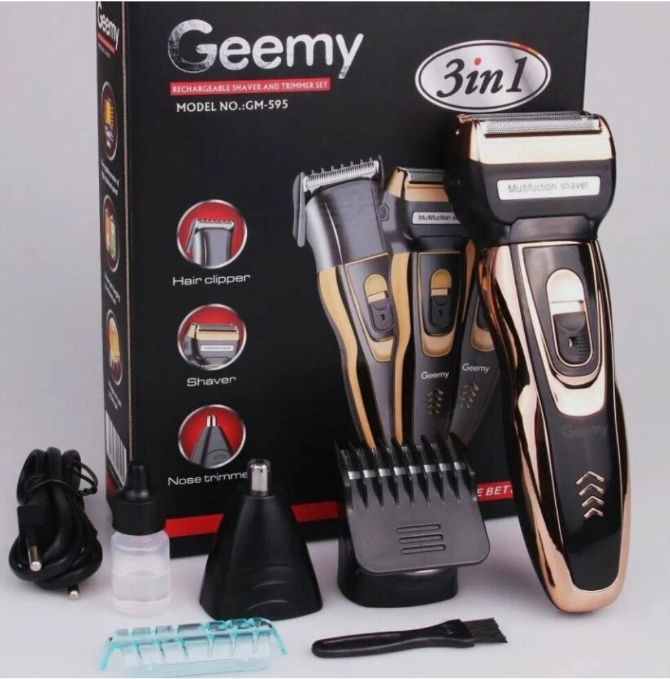 Машинка для стрижки Geemy GM-595, 3 в 1, Триммер для стрижки бороды, Насадки для стрижки волос в носу, ушах, бороды