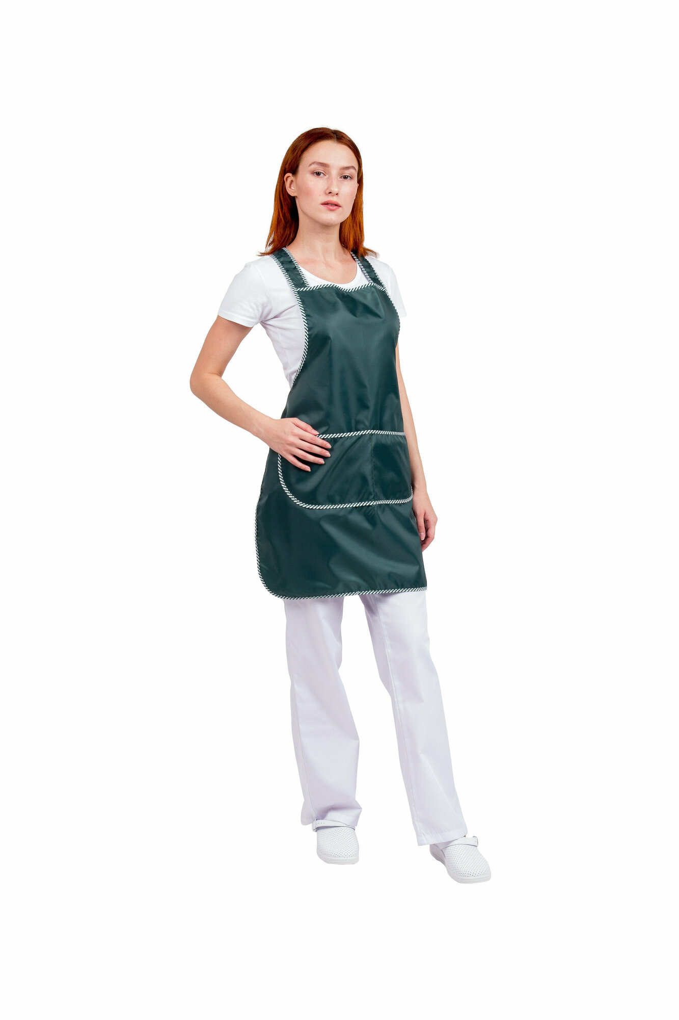 фото Фартук рабочий универсальный Ф8 оксфорд, зеленый. Фартук водонепроницаемый. Фартук для продавцов. Фартук женский универсальный. Фартук для персонала. Фартук для работников клининговых служб, горничных. Фартук для парикмахеров.