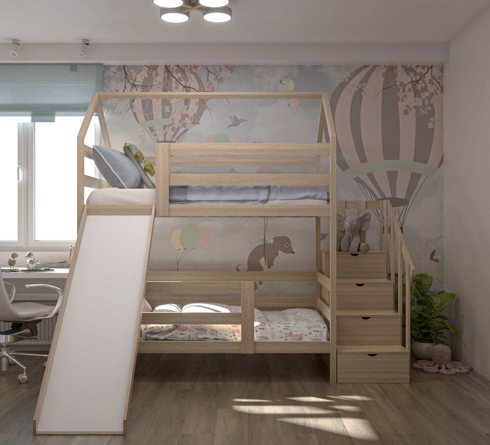 Кровать детская, подростковая "Двухъярусная с лестницей-комодом и горкой", спальное место 160х80, натуральный цвет, из массива