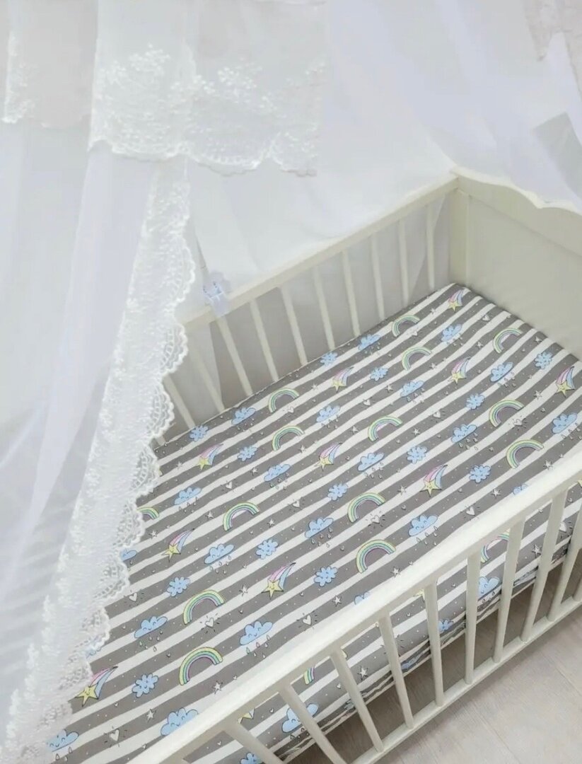 фото Простынь на резинке на матрас "Серый горох на белом" 60х120