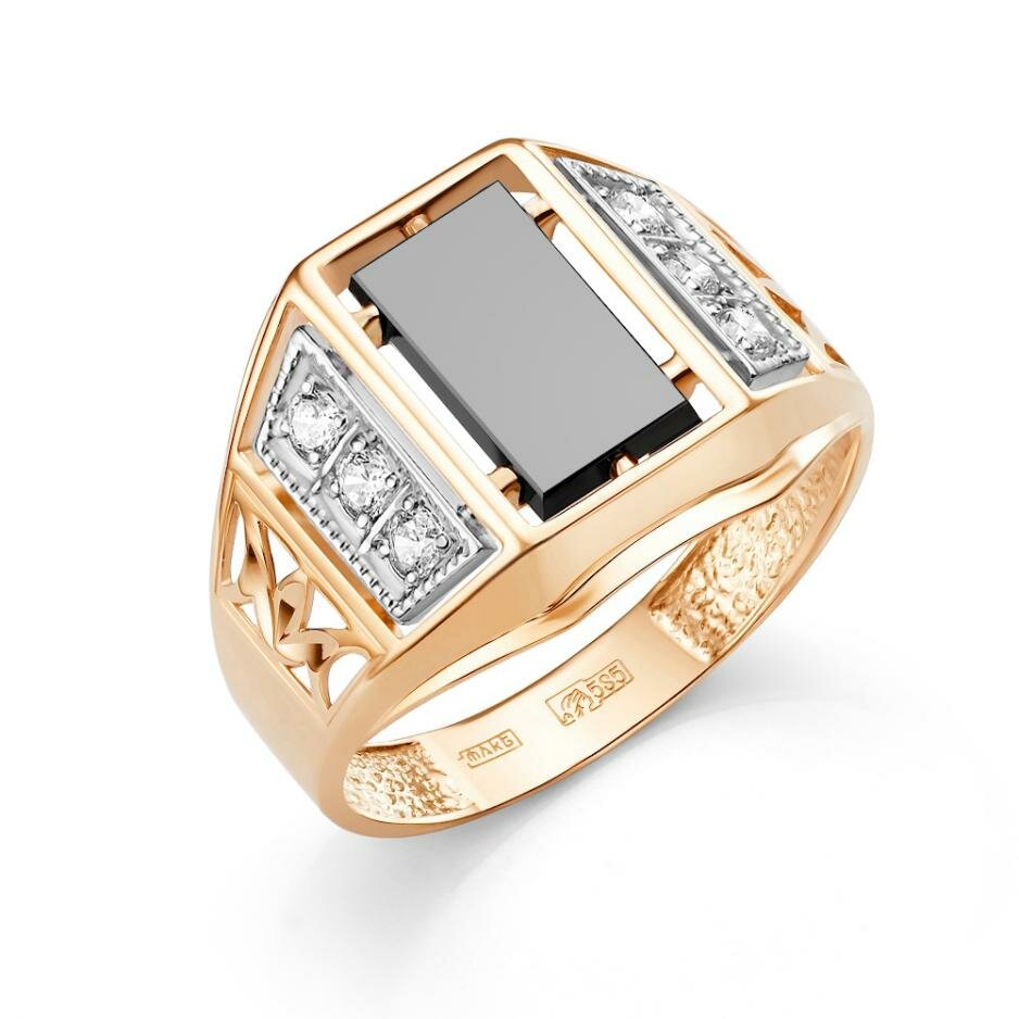 Печатка Diamant online, золото, 585 проба, оникс, фианит