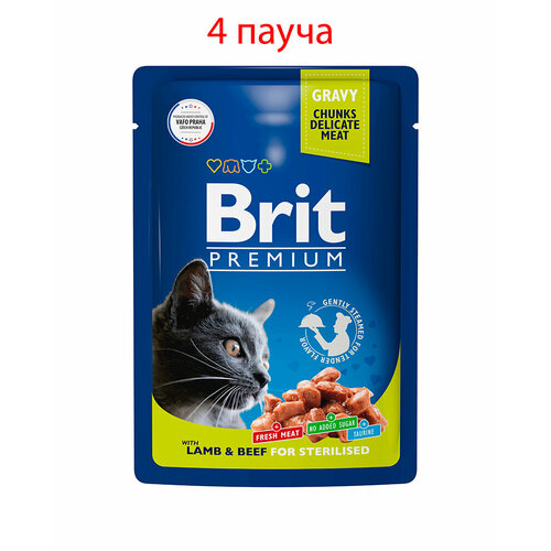 Пауч Brit Premium для взрослых кошек ягненок и говядина в соусе 85гр, 4шт влажный корм для собак всех пород brit premium ягненок в соусе 85 г