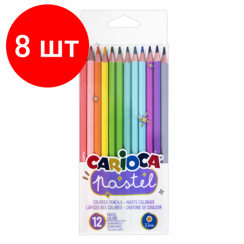 Комплект 8 шт, Карандаши цветные пастельные CARIOCA Pastel, 12 цветов, шестигранные, заточенные, ПВХ чехол, 43034