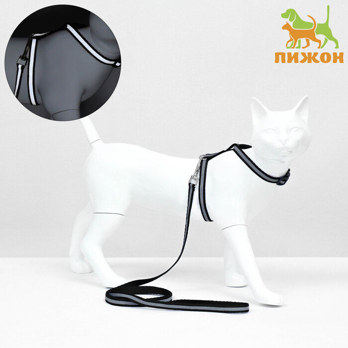 Комплект для кошек светоотражающий, ширина 1 см, шлейка 21-35 см, поводок 120 см, чёрный (1шт.)