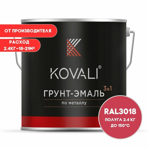 Грунт-эмаль 3 в 1 KOVALI полугл Клубнично-красный RAL 3018 2.4 кг краска по металлу, по ржавчине, быстросохнущая