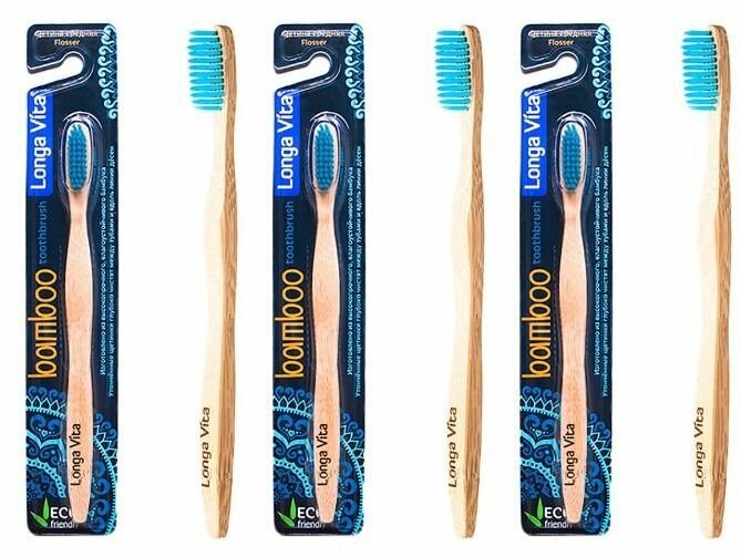 Longa Vita Зубная щетка Flosser для взрослых, бамбуковая, средней жесткости, 3 шт