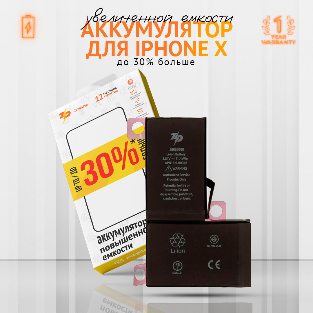 Аккумулятор ZeepDeep для iPhone X +10% увеличенной емкости: батарея 3000 mAh монтажные стикеры прокладка дисплея