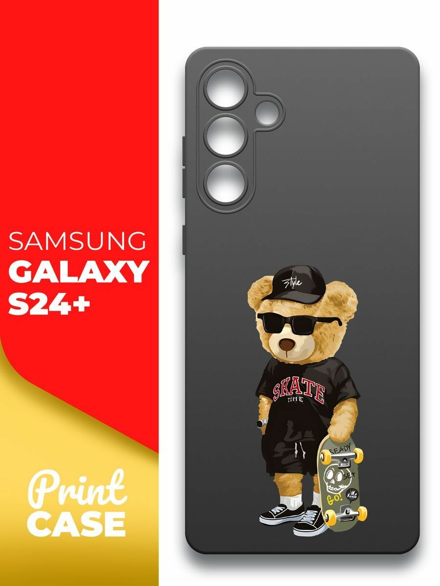 Чехол на Samsung Galaxy S24+ (Самсунг Галакси С24+) черный матовый силиконовый с защитой (бортиком) вокруг камер, Miuko (принт) Мишка Скейт