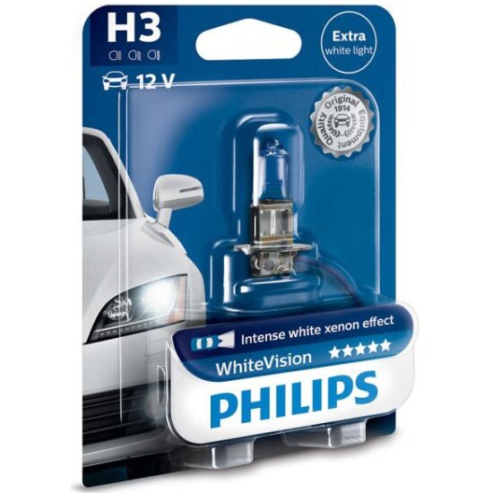 Лампа автомобильная Philips WhiteVision H3 55W PK22s+30% 4300K (бл.) 12V, 1шт, 12336WHVB1