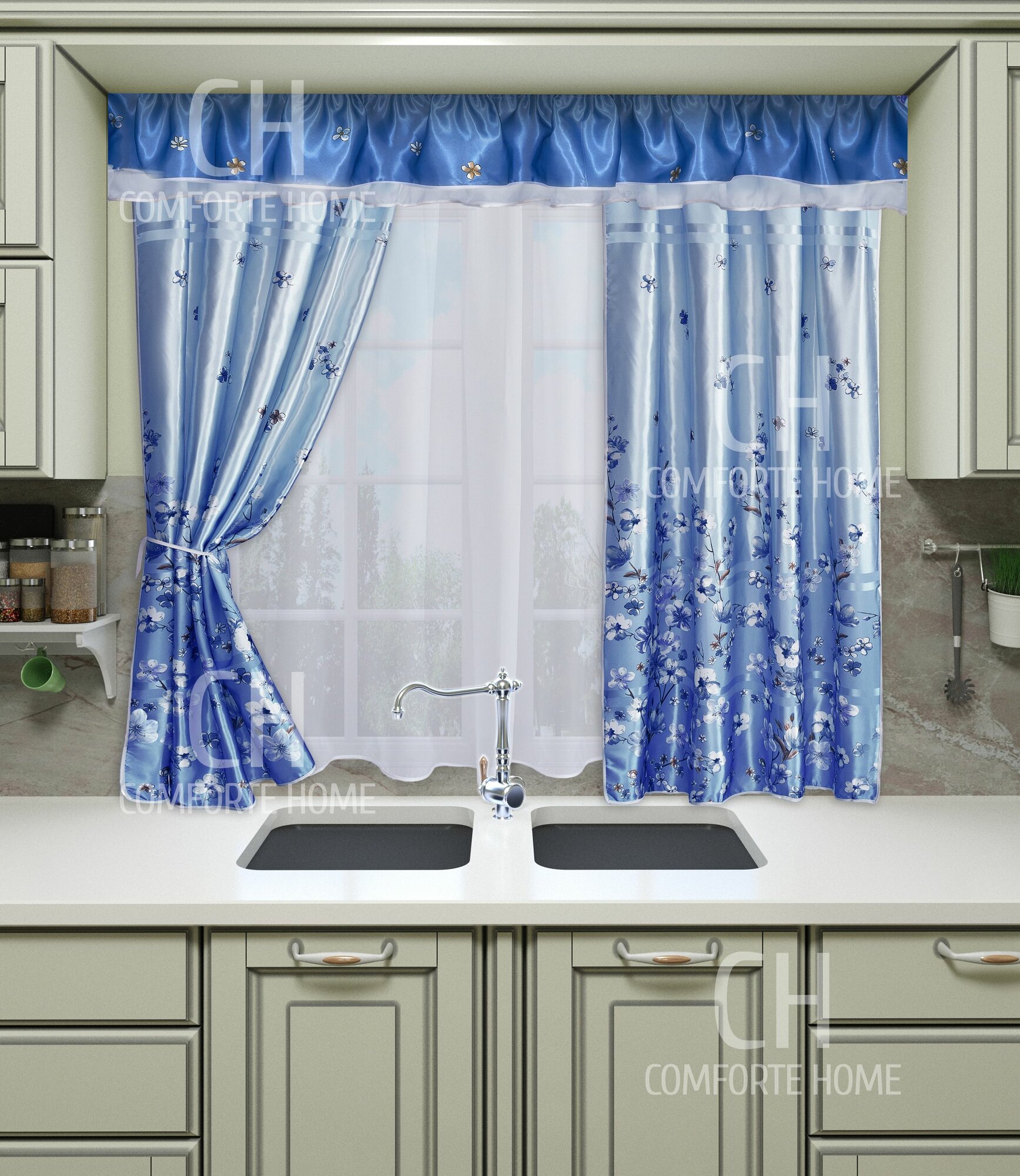 Комплект штор с рисунком с тюлем синий 170х270, для кухни, гостинной и комнаты