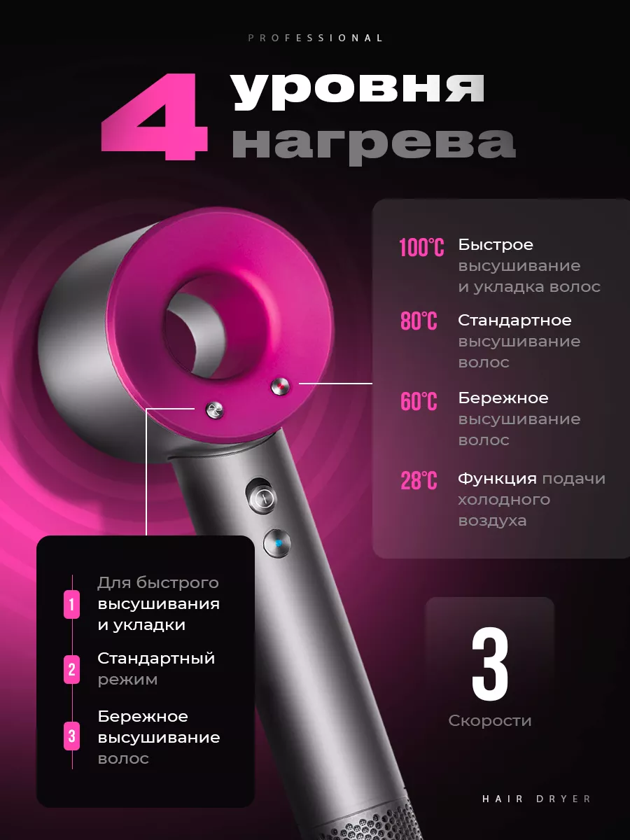 Профессиональный фен для волос Super Hair Dryer, 3 режима, 5 магнитных насадок, ионизация воздуха, цвет фуксия - фотография № 3