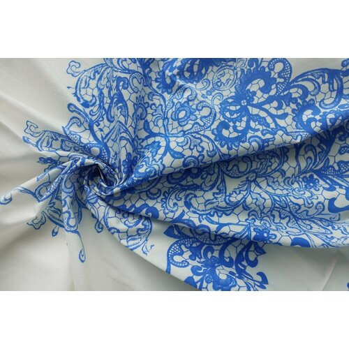 Ткань поплин молочный с голубым рисунком (купон) ткань крепдешин с серо голубым рисунком