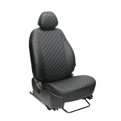 Чехлы для автомобильных сидений комплект GreenLine KIA CERATO 3 (2013-2018) седан, авточехлы модельные экокожа, черный ромб синяя нить