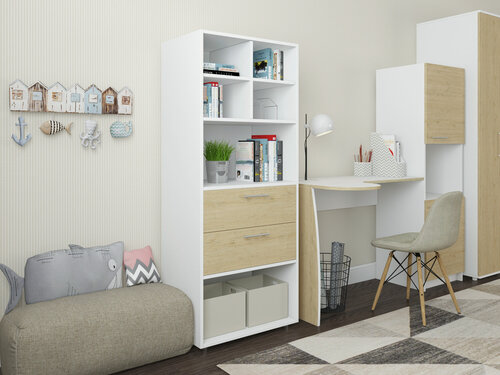 Изображение товара Стеллаж, шкаф с ящиками, с полками, в офис, в детскую, Есэндвич Лаворо 60x40х150 см (Белый/Пикард)