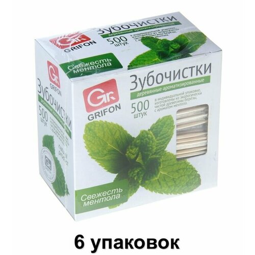 GRIFON Зубочистки из дерева с ментолом, 500 шт, 6 уп зубочистки grifon 200 шт