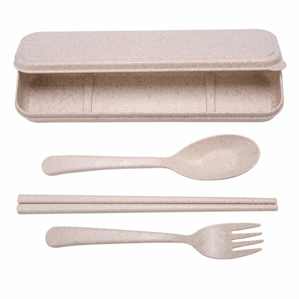 фото Дорожный набор столовых приборов в футляре "Пшеничный": вилка, ложка, китайские палочки, органайзер для хранения, цвет молочный