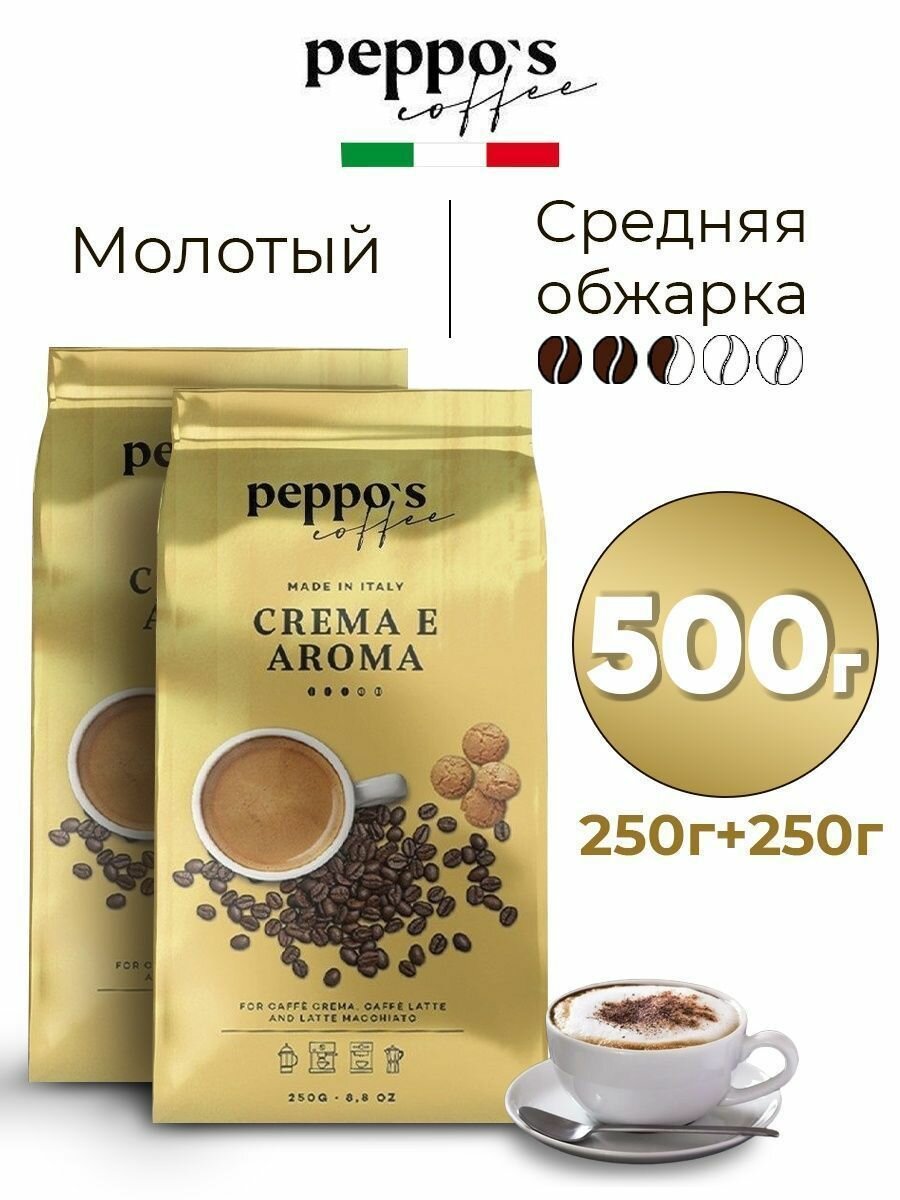 Кофе молотый PEPPO'S Crema E Aroma 500 г арабика + робуста, натуральный итальянский жареный, средней обжарки, набор 2 упаковки по 250 гр