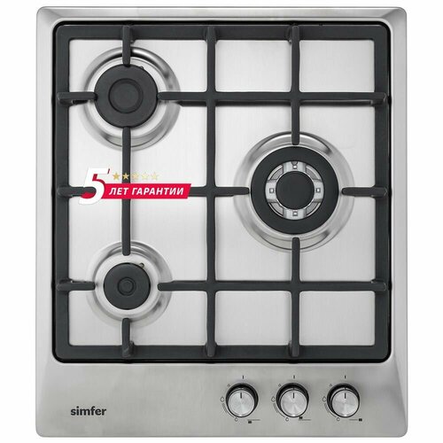 Газовая варочная панель Simfer 45см газ-контроль электроподжиг WOK конфорка нержавеющая сталь чугунные решетки комплект жиклеров для баллонного газа 5 лет гарантии серый 2206200₽