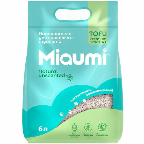 Miaumi TOFU Natural Unscented комкующийся наполнитель растительный без ароматизатора 6л наполнитель для кошачьего туалета miaumi tofu natural комкующийся без ароматизатора 6л