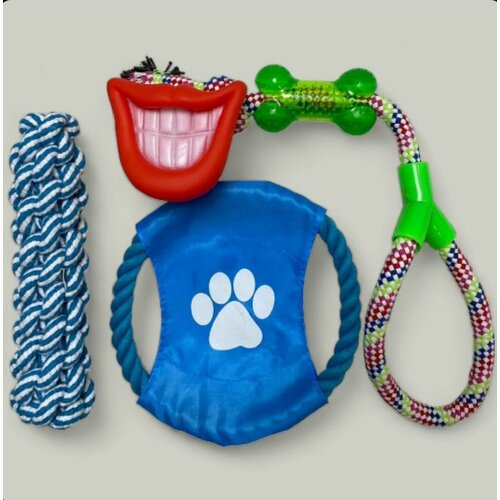 Игрушки для собак. Набор 4 в 1 для мелких и средних пород собак, щенков: грейфер круг, погрызушка улыбка, хлопковый узелок, грейфер петля+косточка+узел.