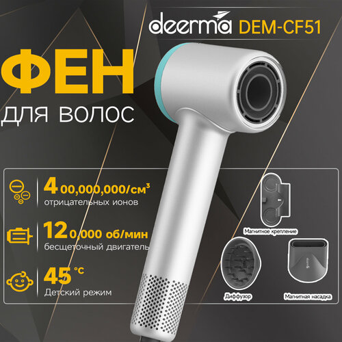 фото Высокоскоростной фен для волос для волос deerma dem-cf51w ，светло-серый.