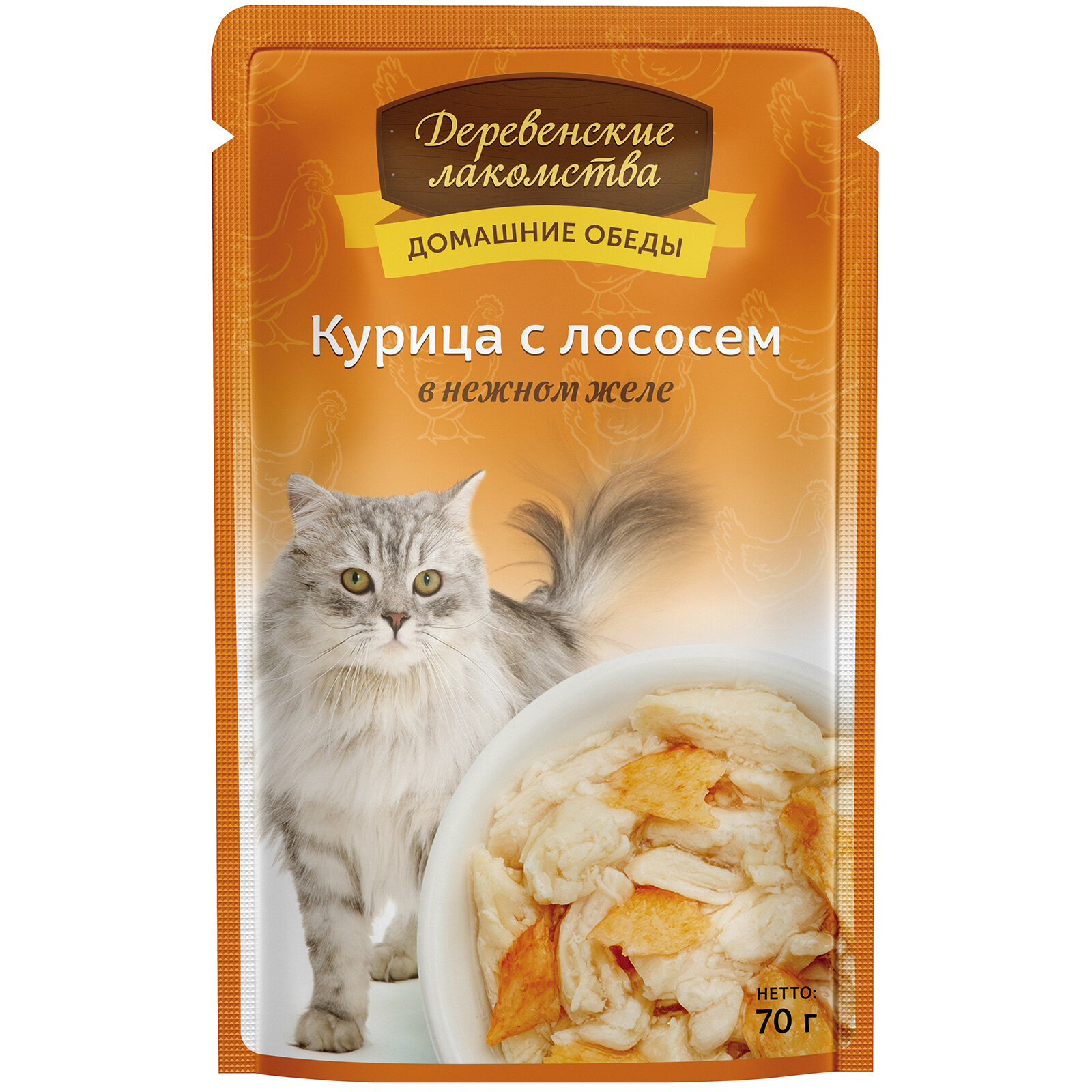 Деревенские лакомства Корм влаж. курица с лососем в нежном желе д/кошек пауч 70г