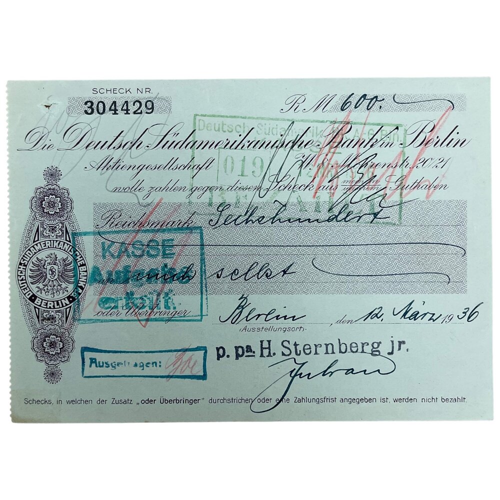 Германия, Третий Рейх, чек Южноамериканского банка Берлина на 600 марок 1936 г.