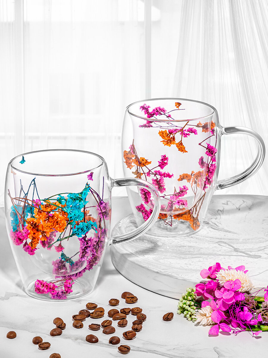 Кружка, чашка для кофе, чая 2 шт по 350 мл Gallery Crystal glass, с двойными стенками, с декором из сухоцветов, набор — фото 1