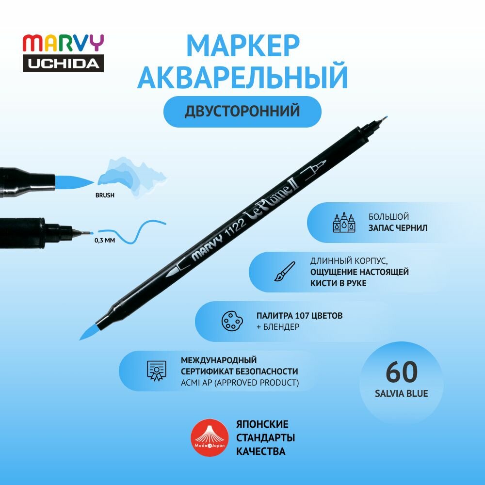 Маркер Marvy Uchida для скетчинга акварельный двусторонний (кисть/капиллярная ручка 0.3мм) голубой шалфей MAR1122/60