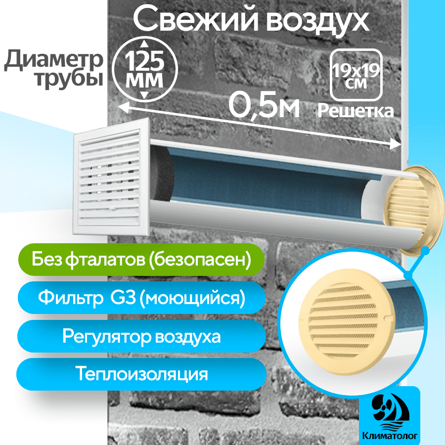 Приточный клапан вентиляционный, КП-2005-03-WI, диаметр 125мм, длина 0,5м