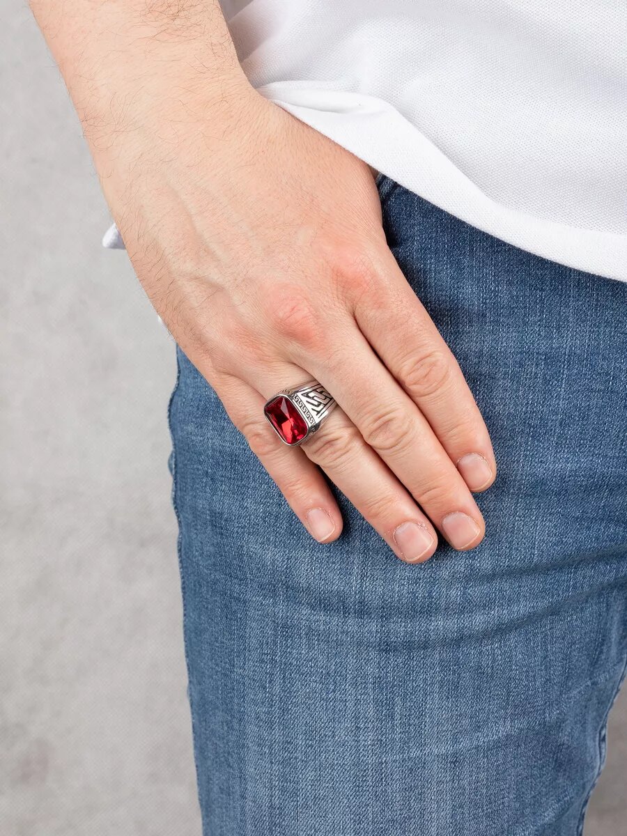 Печатка МЕКАТО, стекло, размер 19, красный, серебряный — фото 1