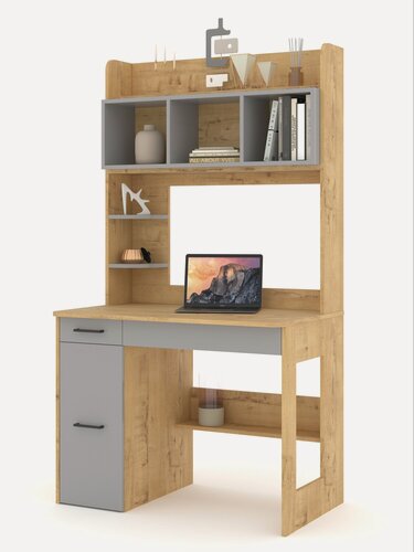 Изображение товара Стол письменный с надстройкой, с ящиком Есэндвич ART Лаворо 100х180х60см, левый (Дуб бунратти/Вулканический серый)