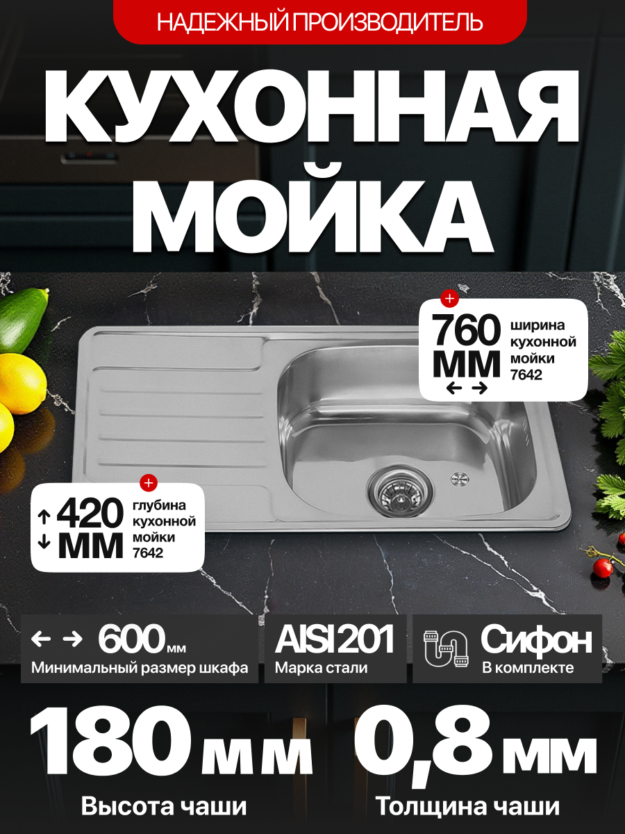 Мойка кухонная MELANA нержавейка прямоугольная врезная с сифоном серая