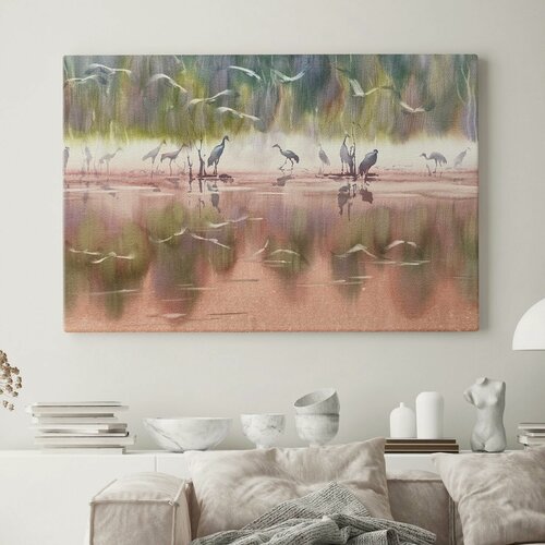 Изображение товара Картина на холсте "Журавли на озере" в размере 80х115 см на стену, для интерьера, для дома, для комнаты, в спальню