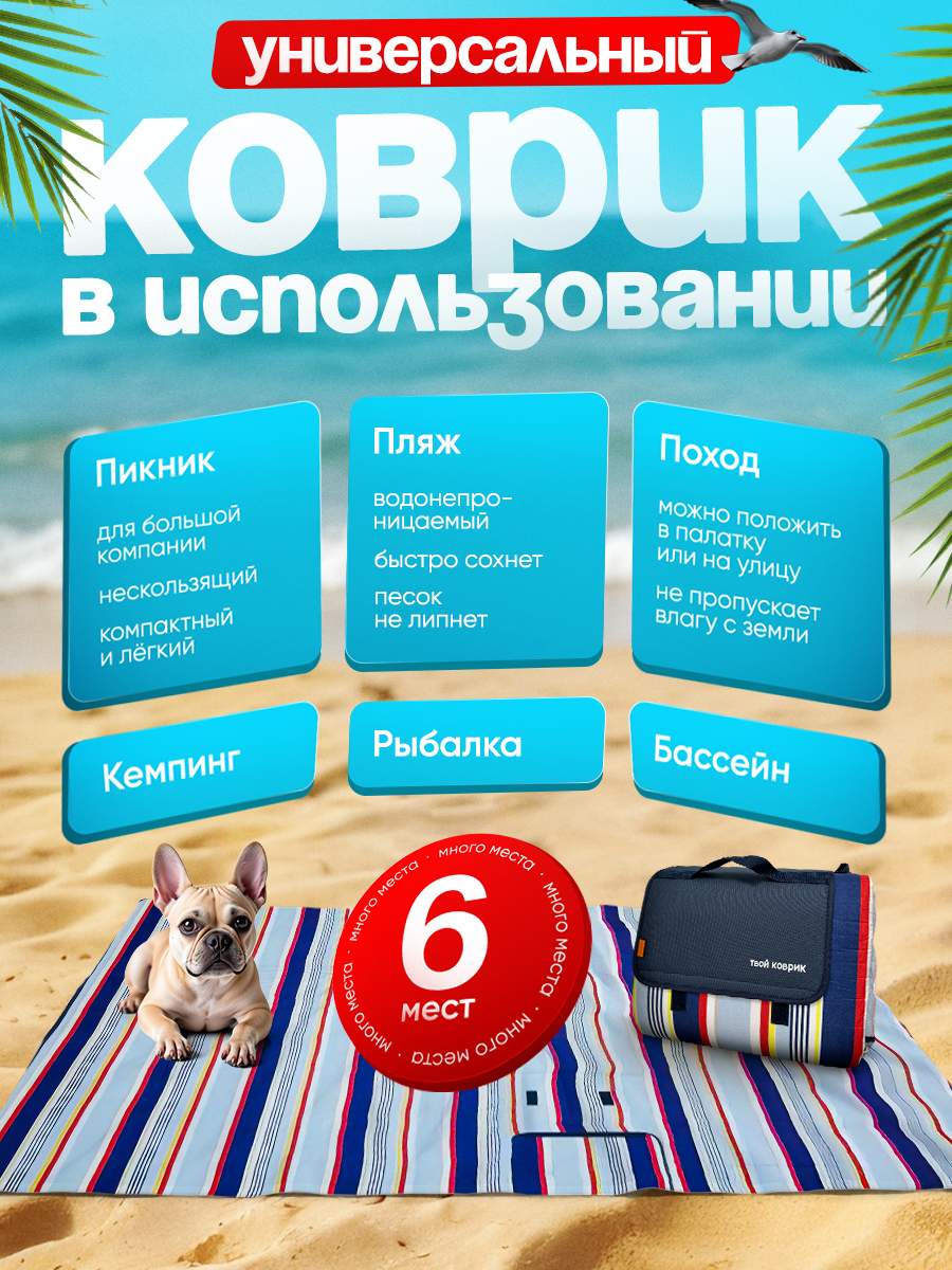 Пляжный коврик для отдыха на море пикника и кемпинга 200х200 см ( Портативный туристический водонепроницаемый) — фото 1