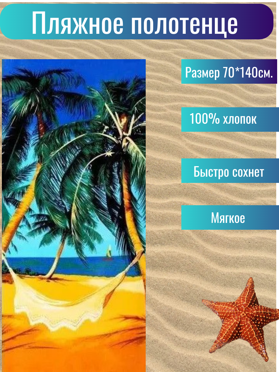 Полотенце пляжное махровое хорошо впитывает влагу большое банное Пляж 70х140 см, синий с желтым