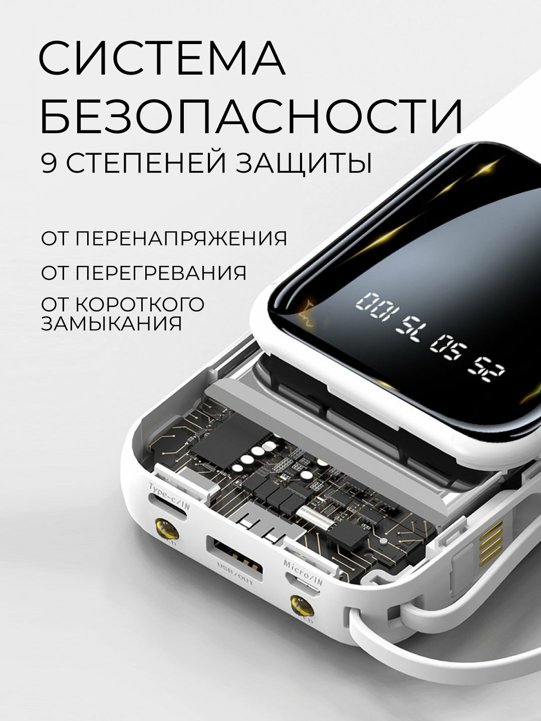 Power Bank для iPhone и Android, Внешний аккумулятор, 20 000 мА/ч, ABS-пластик, с кабелями Lightning/Type-C/Micro-USB — фото 1